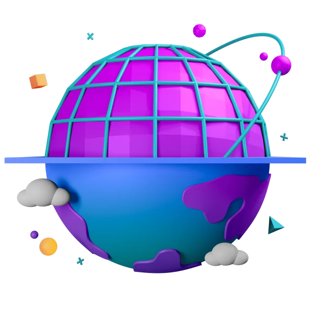 Violet globe with an orbiting satellite, representing the worldwide users of Mixero